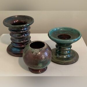 Raku Iridescent Glaze Ceramic Art Vases, Signed, set of 3